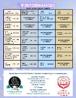 Arts Fair handout page 2. It includes the performance schedule for venues in the Freshman School and the high school.